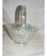 Vintage Iridized Frosted Glass Basket with Handle Leaf Pattern 12-b - $557.65 MXN