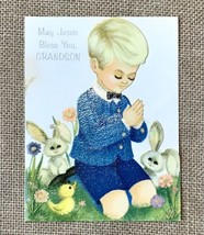 Ephemera Vintage 60s Hallmark Grandson Easter Card Boy Praying In Field Bunnies - $7.92