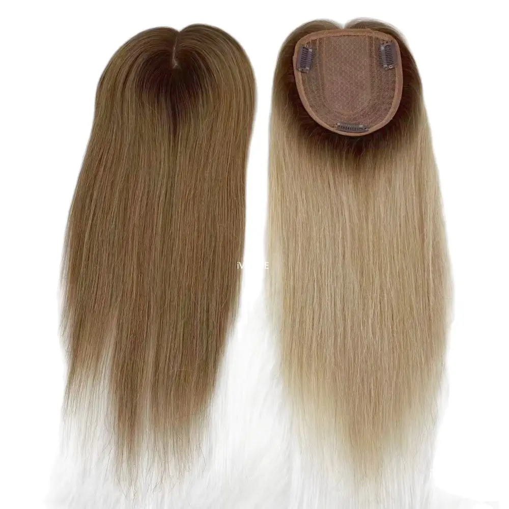 10x14cm blonde ombre 613 two tone remy human hair topper for women 35cm silk skin base thumb200