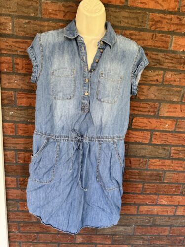 Primary image for Blue Chambray Dress Small Sonoma Short Sleeve Shift Button Front 4 Pocket Drawst