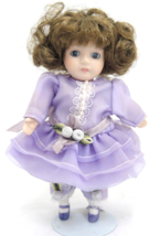 Marie Osmond Mother&#39;s Day Doll 5&quot; Purple Dress Lace Pearls Brown Hair w Stand - £7.35 GBP
