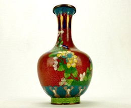 Brown Enameled Copper Vase, Vintage Chinese Cloisonne, Floral Pattern, 9&quot; Tall - £39.12 GBP