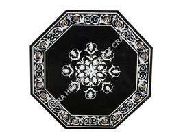 18&quot; Black Marble Coffee Garden Table Top Mosaic Inlay Furniture Decor H5051 - £415.02 GBP
