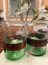 2 Red Flower Studios With Copper Band Green Crackled Glass Tumblers Barware - $917.08 MXN