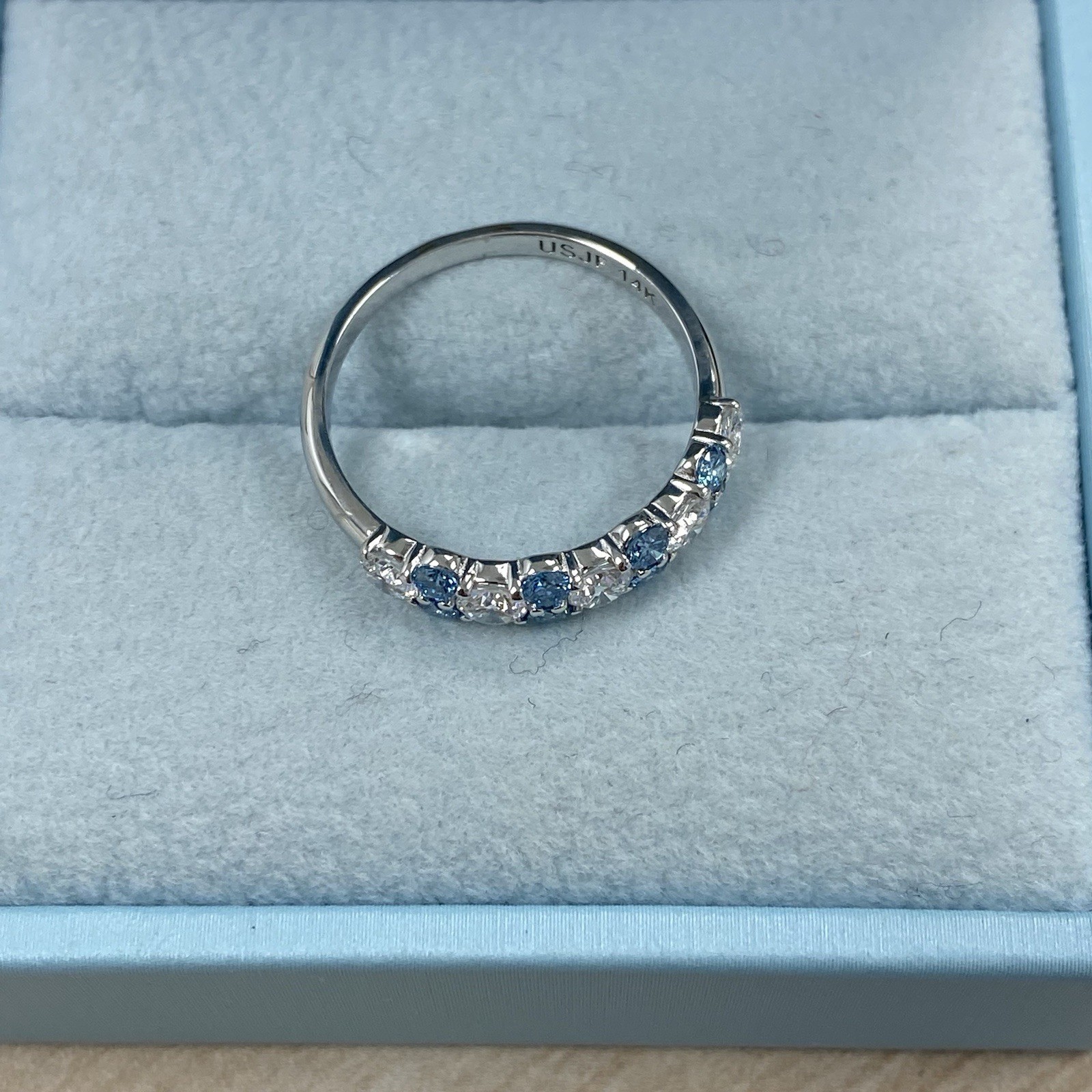 White Blue 1.00 Ct Round Lab Grown Diamond Alternating Wedding Band 14k Gold Item image 5