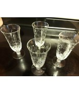 4 - 8oz.Tall Footed Glasses, Clear With Etched Designs All Around - $5.25
