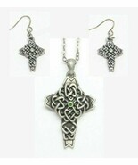 MYSTICA CELTIC KNOTWORK CROSS ALLOY NECKLACE &amp; EARRINGS SET LED FREE METAL - $36.66 CAD