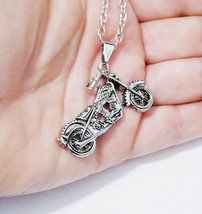 Motorcycle Charm Necklace, Biker Silver Pendant, Steampunk Gothic Jewelr... - $27.98