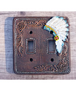 Set of 2 Faux Leather Tribal Indian Chief Headdress Double Toggle Switch... - $25.99