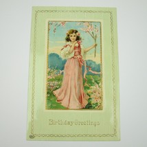 Postcard Birthday Greeting Antique Girl Pink Dress &amp; Flowers Gold Embossed Gloss - £7.85 GBP