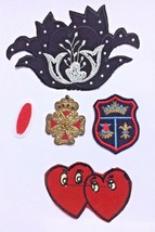 lot 5 vintage sew-on patches appliqués embroidered flower crest heart metallic - £6.99 GBP