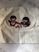 two penguins holding heart garland Cross Stitch Vintage Picture FINISHED - $20.42