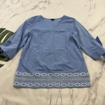 Talbots Embroidered Trim Tunic Top Size L Blue White Tie 3/4 Sleeve Blouse - £20.21 GBP