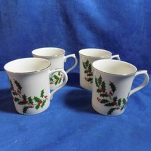 Set Of 4 Christmas Holly All The Trimmings Gold Trim Porcelain Mugs - Excellent - £15.88 GBP