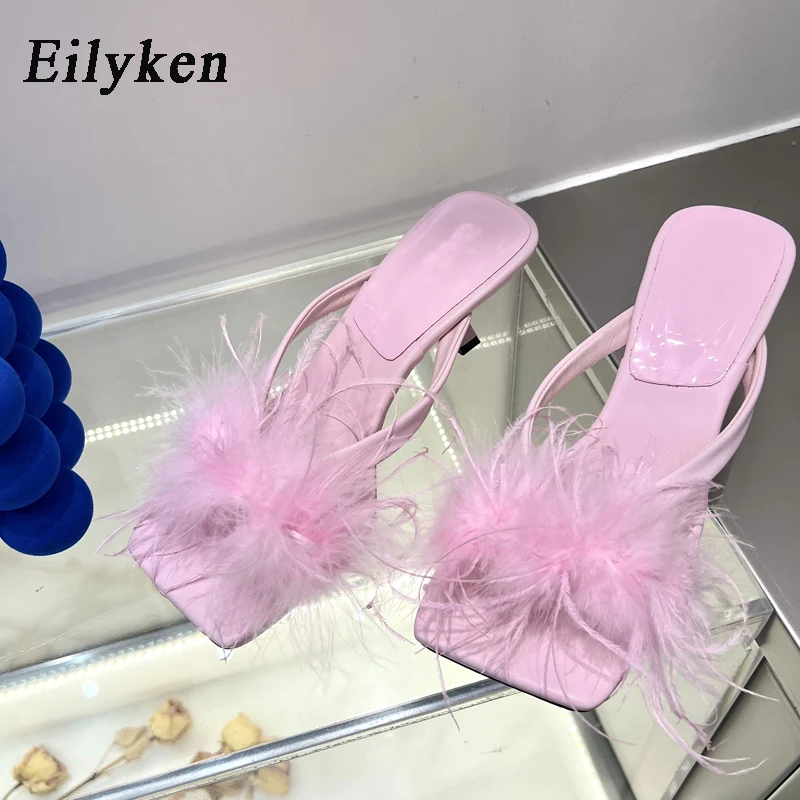 Eilyken Summer Fashion Pink ry Women Slipper Low Heel Slides Female Square  Sand - £54.96 GBP