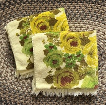 Vintage 60s The Treasury Yellow Green Floral/Flower Fringe Bath Towels Set of 2 - £30.50 GBP