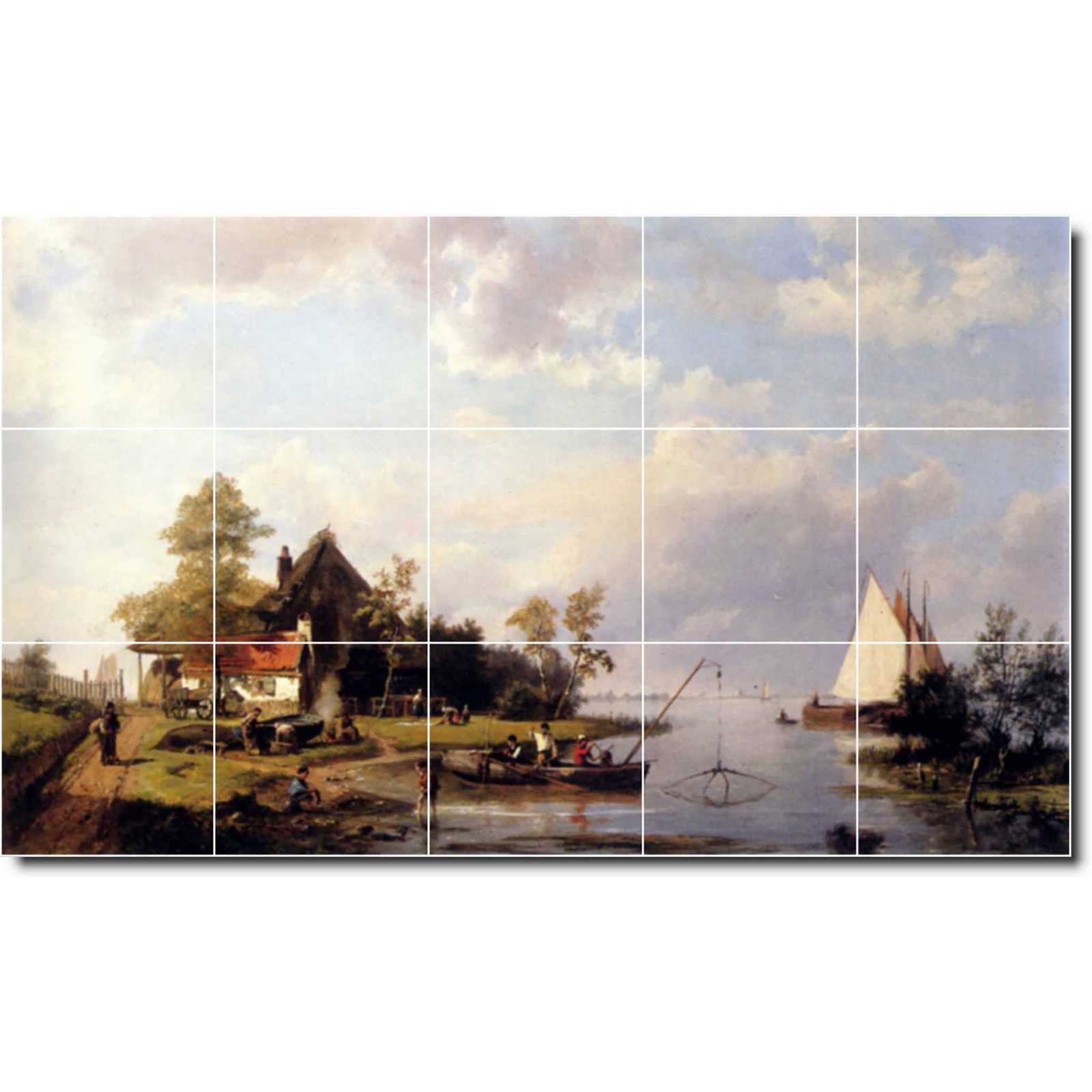 Koekkoek hermanus a river landscape with a ferry and figures mending a boat