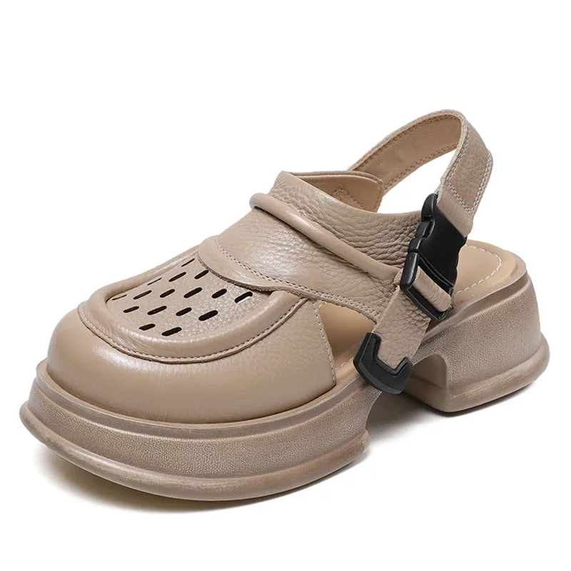 Handmade Sandals Women Summer Platform Shoes Round Toe Buckle Thick Heel... - $94.55