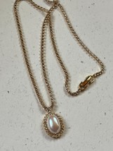 Elegant Monet Marked Thin Clear Rhinestone Goldtone Chain w Oval Faux Mabe Pearl - £13.34 GBP
