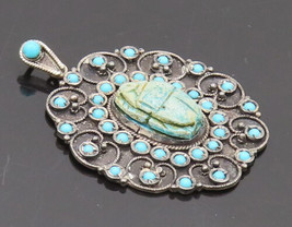 925 Sterling Silver Vintage Pendant Scarab Etched Turquoise Halo Swirls  PT22625 - $68.40