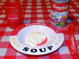 Campbell&#39;s Play Food Lot Curly Noodle soup Bowl Spoon Cup Realistic RARE HTF - £31.27 GBP