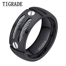 TIGRADE 8mm Black Men Punk Titanium Ring Stainless Steel Cables  Engagement Ring - £13.96 GBP