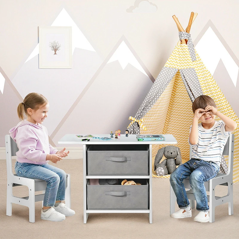 Kids Art Play Wood Table 2 Chairs Set Removable Storage Baskets Puzzle Perfect - £168.43 GBP