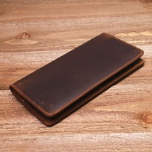 Genuine Leather Wallet For Men Vintage Crazy Horse Long Bifold Slim Men&#39;s Purse  - £80.37 GBP