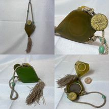 Antique Compact Wrist-let Boho Green Celluloid Casein Acrylic Tassel Rop... - $178.15