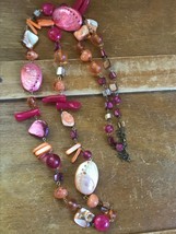 Estate Long Festive Hot Pink &amp; Orange Dyed Seashells Nuggets &amp; Plastic Bead Neck - £10.23 GBP