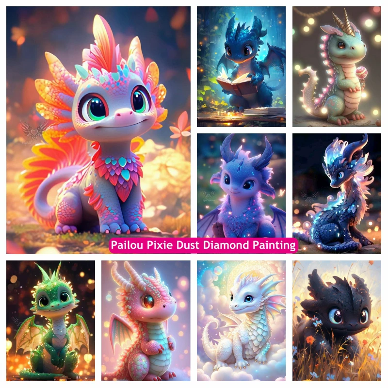 Cute Baby Dragon Animal Pixie Dust Diamond Painting Kits Fantasy Cartoon - £12.54 GBP+