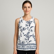 St. Tropez West Sleeveless Blouse Tropical Floral Print Navy White Size ... - $371.44 MXN