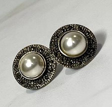 Sterling Silver 925 Marcasite Pearl Earrings - £30.26 GBP