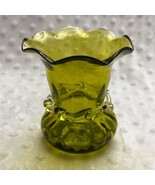 Vintage MCM Handblown Olive Green Scalloped 3.5&quot; Vase w/Pinch Twist Band... - $12.82