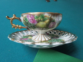 Fan Crest Japan lusterware reticulated cup/saucer attached,roses,gorgeou... - €46,75 EUR