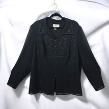 Adrianna Papell Blouse Woman 20W  Black Embroidered Floral Button Down E... - $37.39