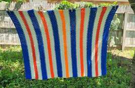 Vintage Afghan Striped Orange Red White Blue Crochet Throw Blanket 50&quot; x 38&quot; - £23.72 GBP
