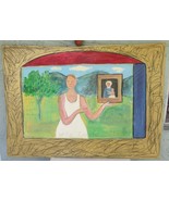 Karin Campfens Painting on Wood Woman Holding Portrait of Virgin Mary an... - $494.01