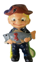 VTG Ceramic Boy Fisherman Folk Mold Art Blonde Boy in Hat with Fish/Award 10.5&quot; - £17.29 GBP