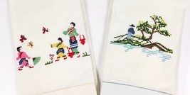 Set 2 Vintage Cross Stitch Petit Point Hand Towels Japan Chinese Scene Butterfly - £10.27 GBP