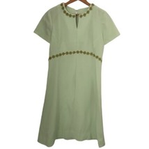 Vintage Crepe Knit Day Dress L Cottagecore Green Daisy Rick Rack Trim Rockabilly - £25.87 GBP