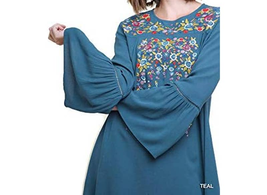 Umgee Floral Embroidered Bell Sleeve Mini Dress Women Size L Teal Keyhole Rayon - £12.94 GBP