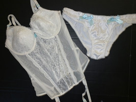 Victoria&#39;s Secret 34C,36D GARTER CORSET SLIP panty Bridal white lace blu... - $118.79