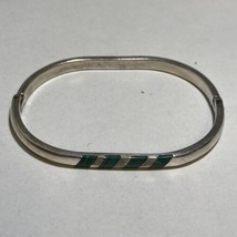 925 Sterling Silver &amp; Malachite Stone Inlay Hinged Bracelet 7” Mexico 28.5g - £34.84 GBP