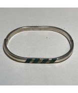 925 Sterling Silver &amp; Malachite Stone Inlay Hinged Bracelet 7” Mexico 28.5g - £35.65 GBP