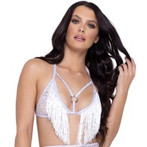 Sequin Fringe Crop Top Fishnet Triangle Strappy O Ring Iridescent White 6220 - £28.18 GBP