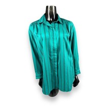 Vtg Diane Von Furstenberg Striped Teal &amp; Black Hidden Button Collar Blouse Sz L - £15.79 GBP