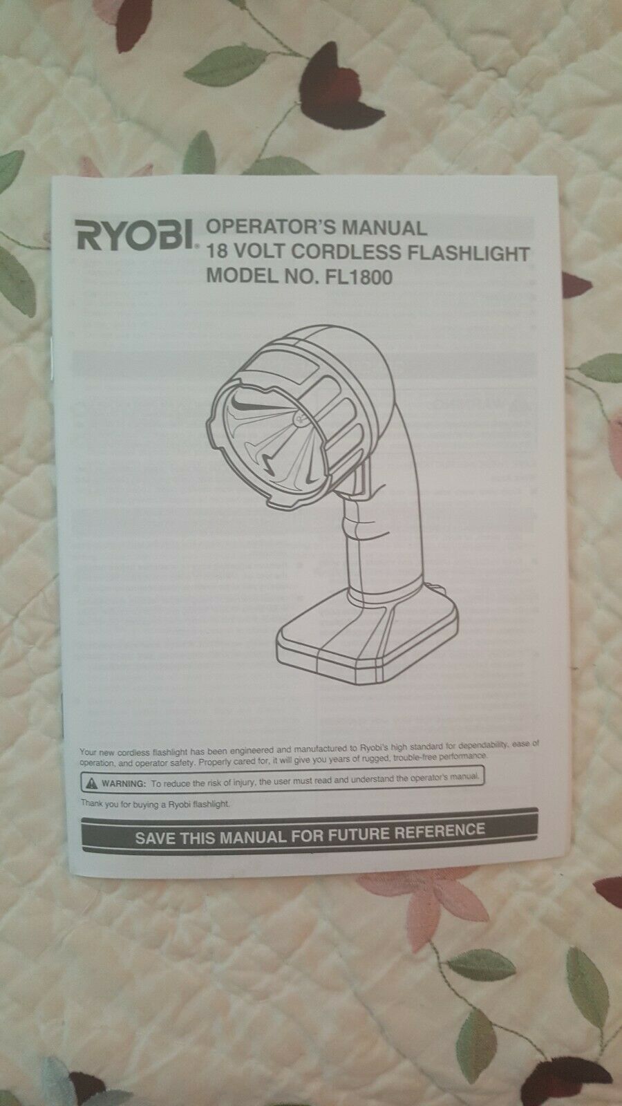 Ryobi Operator&#39;s Manual  18 volt cordless flashlight. Model No. FL1800 - $3.95