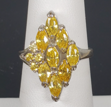 Vintage Yellow Marquise Tourmaline Cluster Silver Tone Diamond Shape Rin... - $126.67