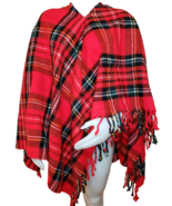 Vintage Fringe Poncho Red Tartan Plaid Wearable Stadium Blanket Washable... - $498.56 MXN